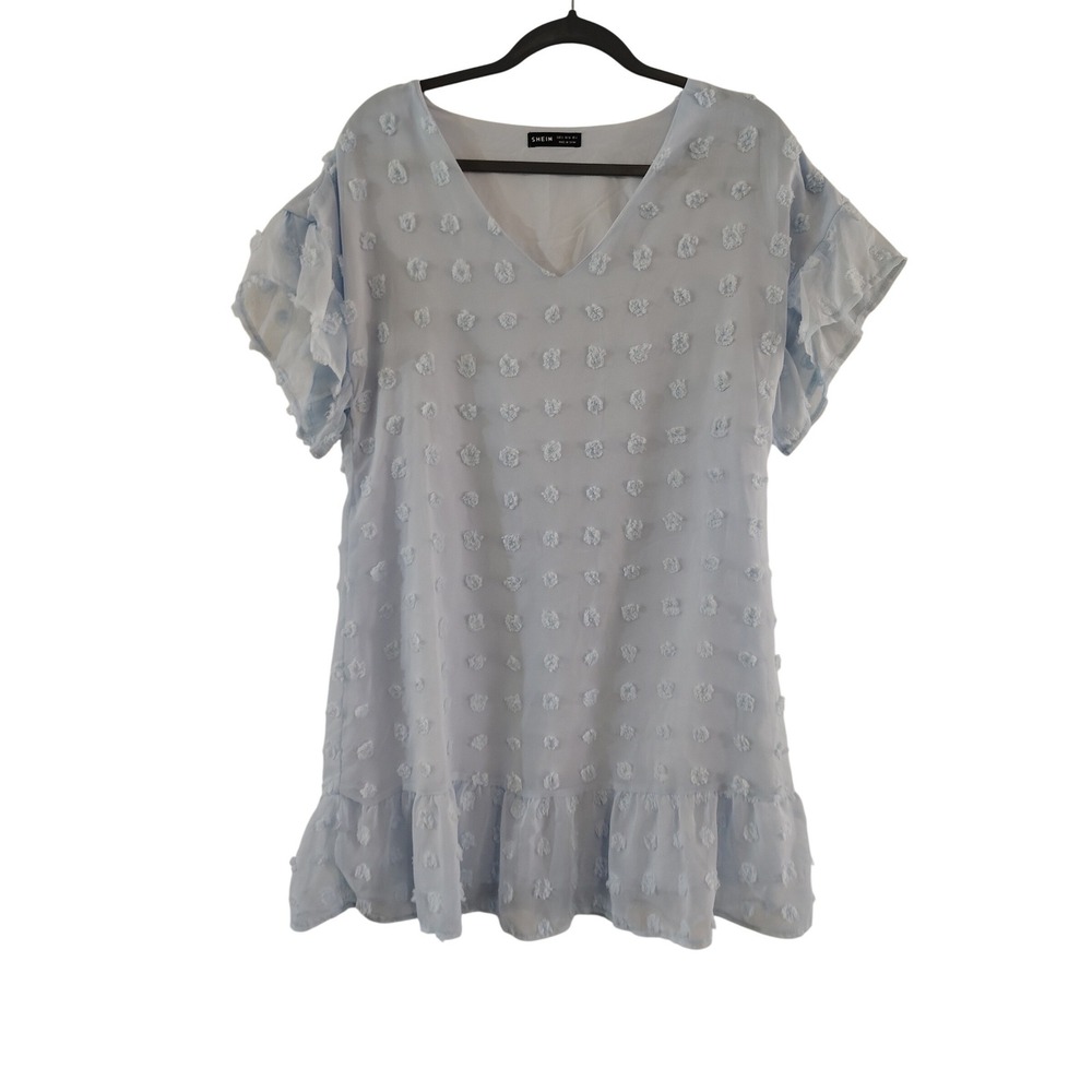 Shein Light Blue Swiss Dot V-Neck‎ Flutter Sleeve Ruffle Hem Mini Dress Womens S